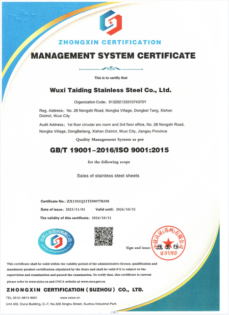 La CINA Wuxi TAIDING Stainless Steel Co., Ltd. Certificazioni